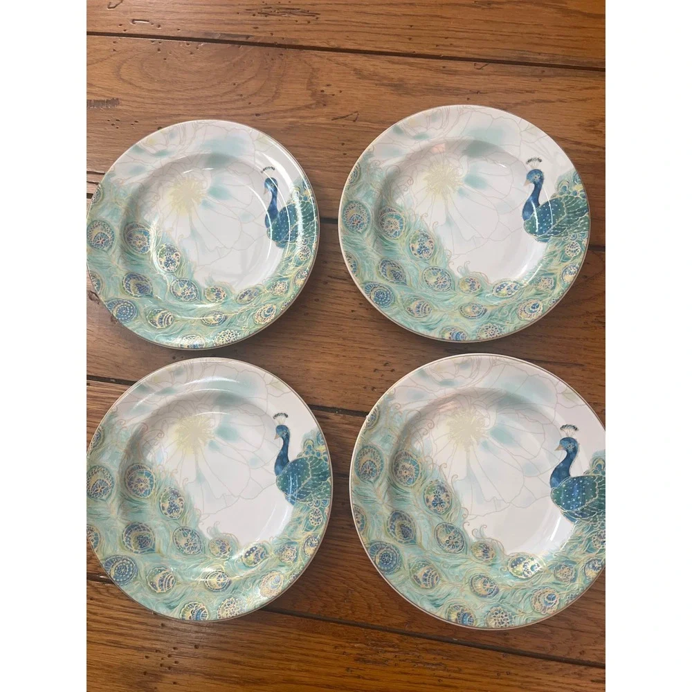 222 Fifth Lakshmi Peacock Fine China Bread and Butter Plates Set of 4 Teal Gold